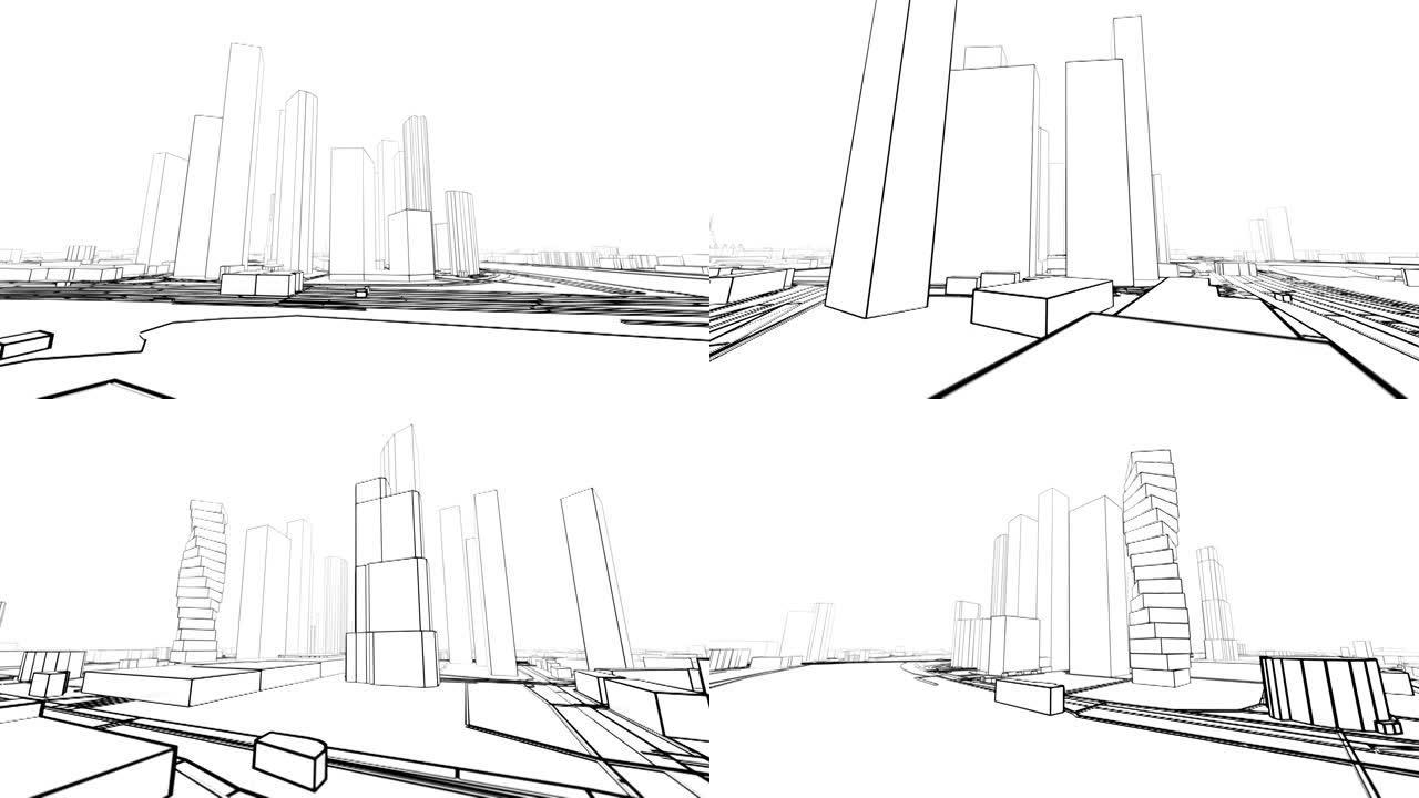3d城市虚拟之旅。在建筑物之间飞行
