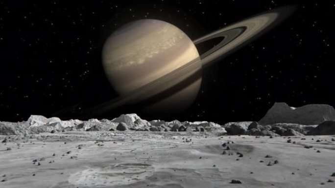 从月球表面看土星行星。月球表面，散布着小石头和沙子。飞越月球陨石坑。概念空间抽象背景。