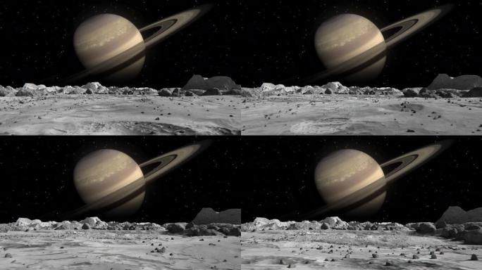 从月球表面看土星行星。月球表面，散布着小石头和沙子。飞越月球陨石坑。概念空间抽象背景。