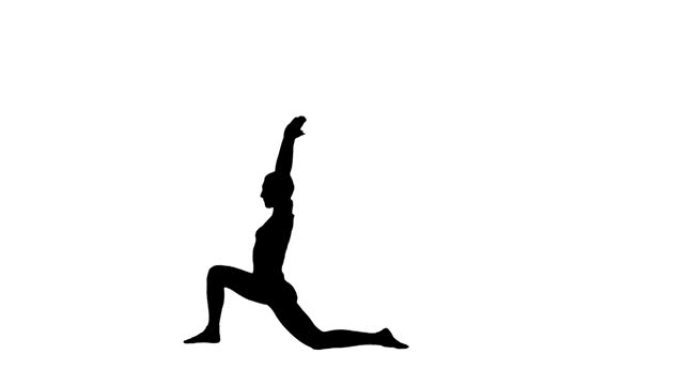 穿着运动服的年轻女子的黑色轮廓做瑜伽，伸展身体。锻炼，女性健身，有氧运动。白色背景上的全长侧视图。慢