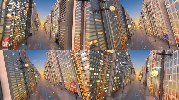 空街城飞天3D动画。智慧城市。完美循环。