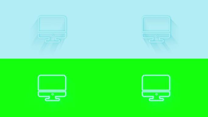 蓝色背景上有阴影的动画电脑显示器图标。Neumorphism最小风格。透明背景。4k视频动态图形动画