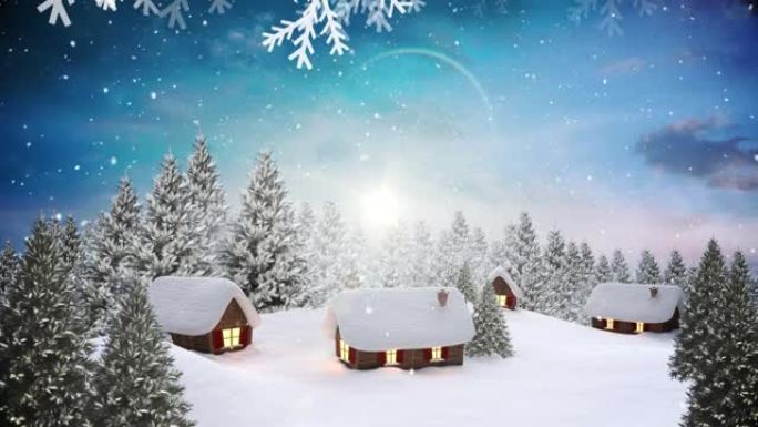 雪落在冬季景观上的多棵树木和房屋上