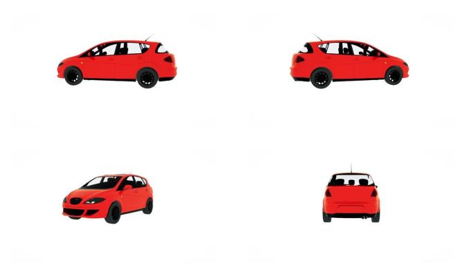白色背景红色汽车上的动画3D旋转。循环动画