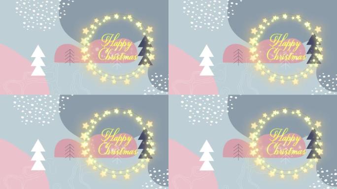 童话灯下的圣诞问候动画在圣诞树和雪背景上画框