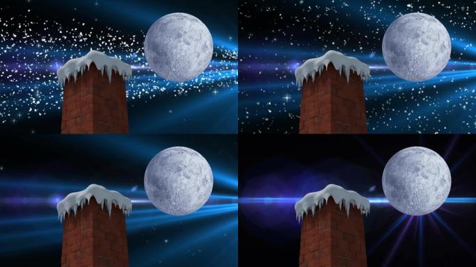 烟囱、雪落和月亮的冬季圣诞风景动画