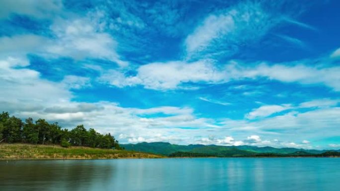 蓝天和移动的云和反射的Transquil湖，Timelaspe视频