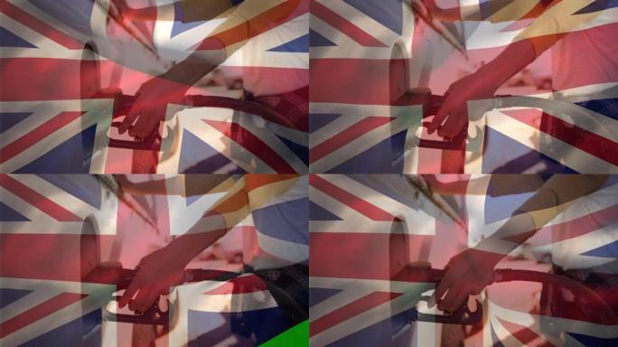 挥舞英国国旗的动画在汽油泵上进行财务数据处理