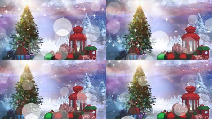 杉树和装饰品上飘落雪花的动画