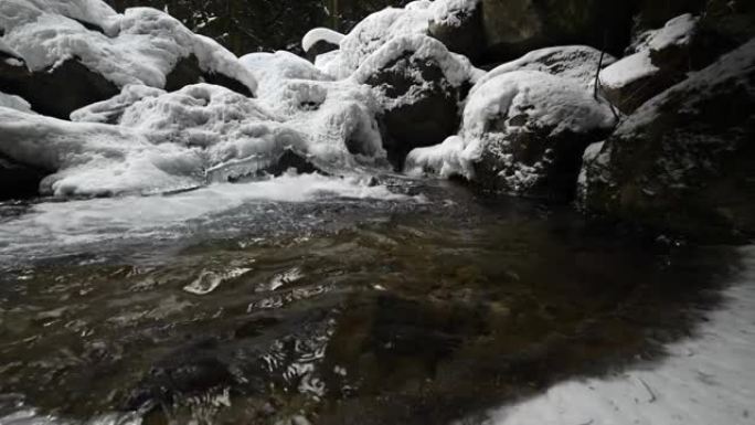 在针叶林中流淌的山区河流的死水特写。冰雪中的冰冻石头。横向移动滑动。广角