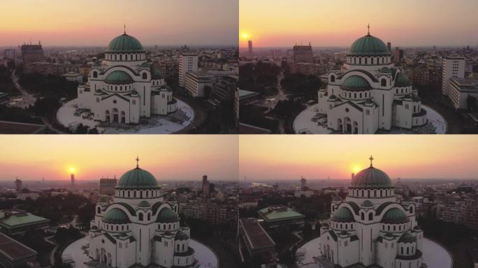 世界上最大的东正教教堂之一-塞尔维亚贝尔格莱德，圣萨瓦神庙的无人驾驶视图。