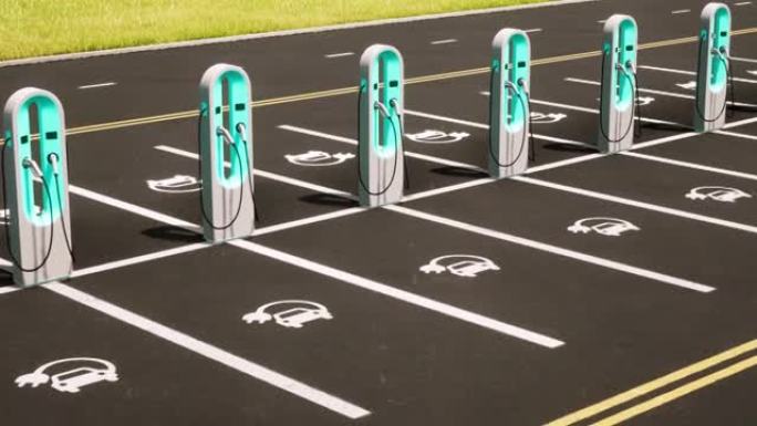 鸟瞰图在一个没有品牌的户外电动汽车充电设施与青色的汽车充电器。