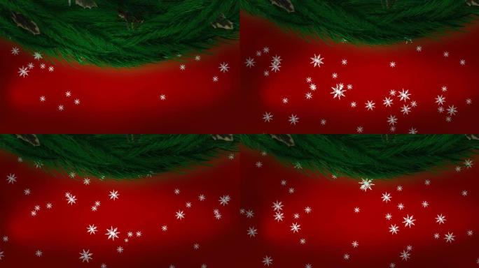 圣诞花环装饰和雪花图标落在红色背景下