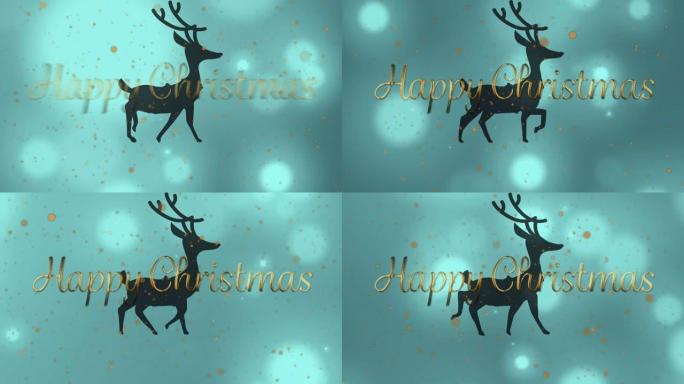 蓝色背景上奔跑的驯鹿上的圣诞节快乐文字动画