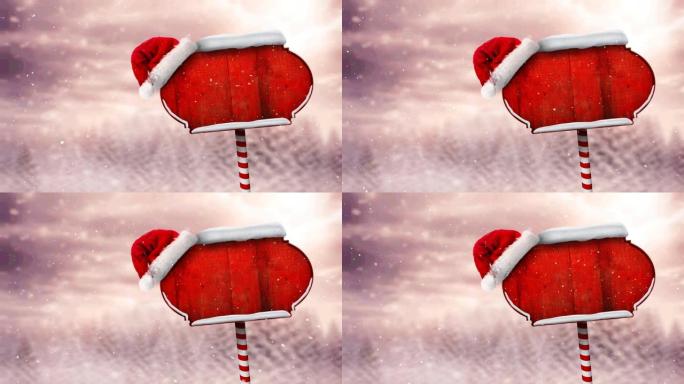 冬季风景下的雪花和北极标志与圣诞老人帽子的动画
