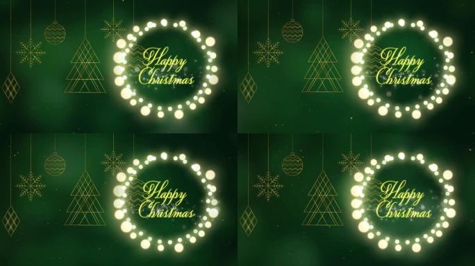 快乐的圣诞文字和仙女灯在绿色背景下悬挂圣诞装饰品
