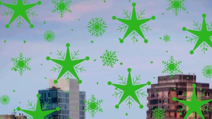 背景中掉落在高层建筑上的多个星星和雪花图标