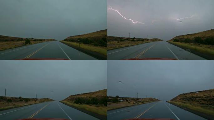 在暴雨中行驶时闪电闪烁并撞击地面