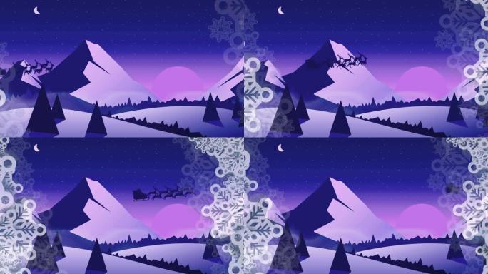雪花在夜空中被驯鹿拉动，在雪橇中与圣诞老人形成框架