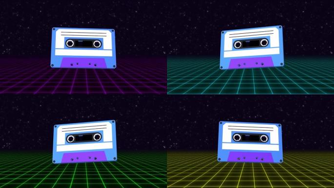 Vaporwave风格霓虹灯网格和盒式磁带循环动画。抽象运动图形。发光和脉动，90年代复古磁带迪斯科