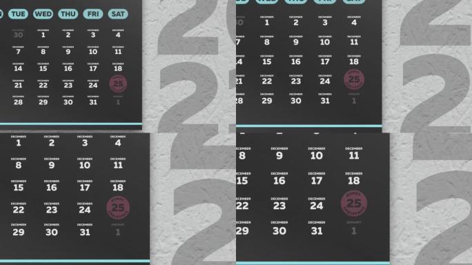 相机在挂历2021的美丽黑色12月页面上放大标记圣诞节日期