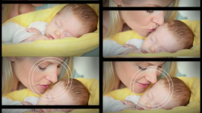 高加索母亲亲吻婴儿的运动屏幕和几何形状的动画