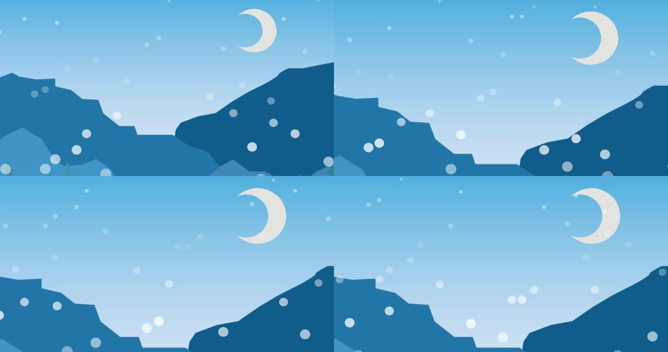 圣诞新月和白点落在蓝色背景上的动画