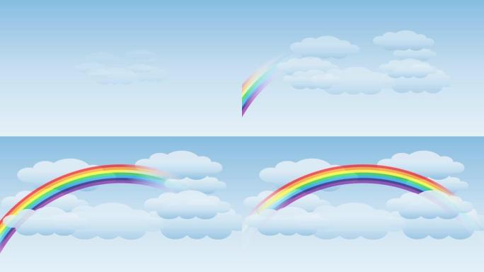 天气预报背景。用彩虹在晴朗的天空中移动假云。动画插图，图形元素