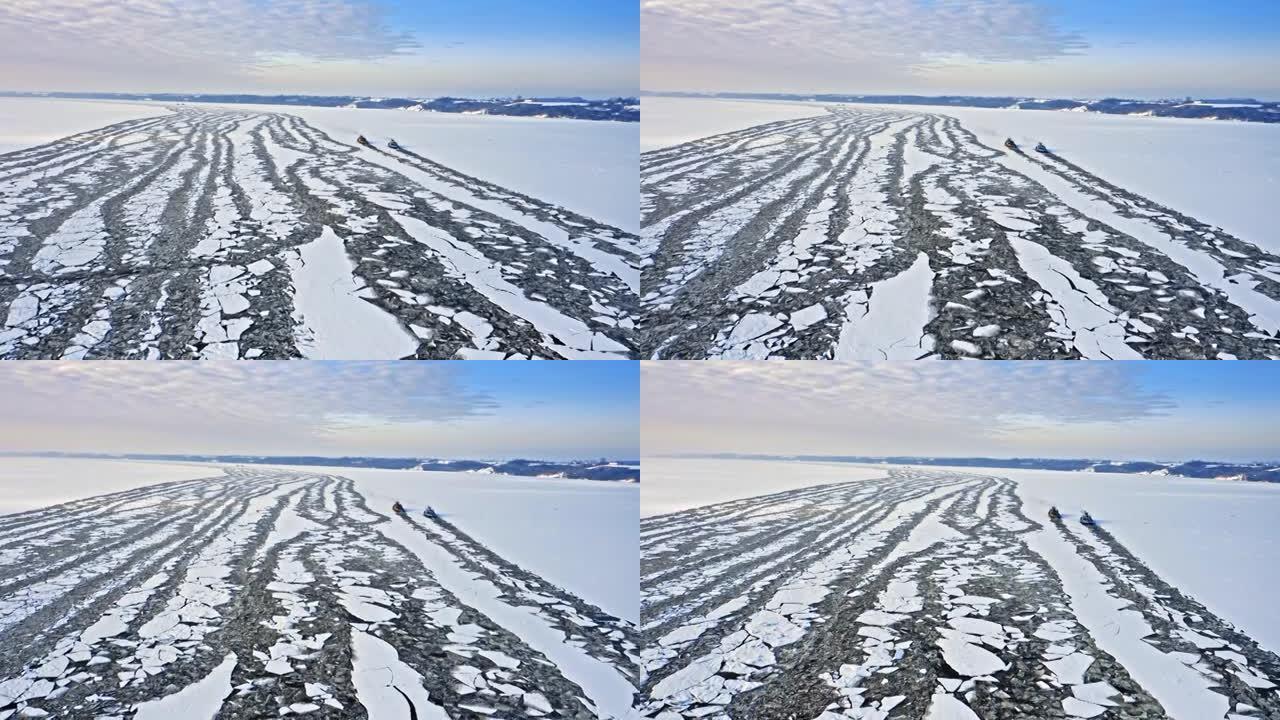 冬天河上的破冰船破冰。