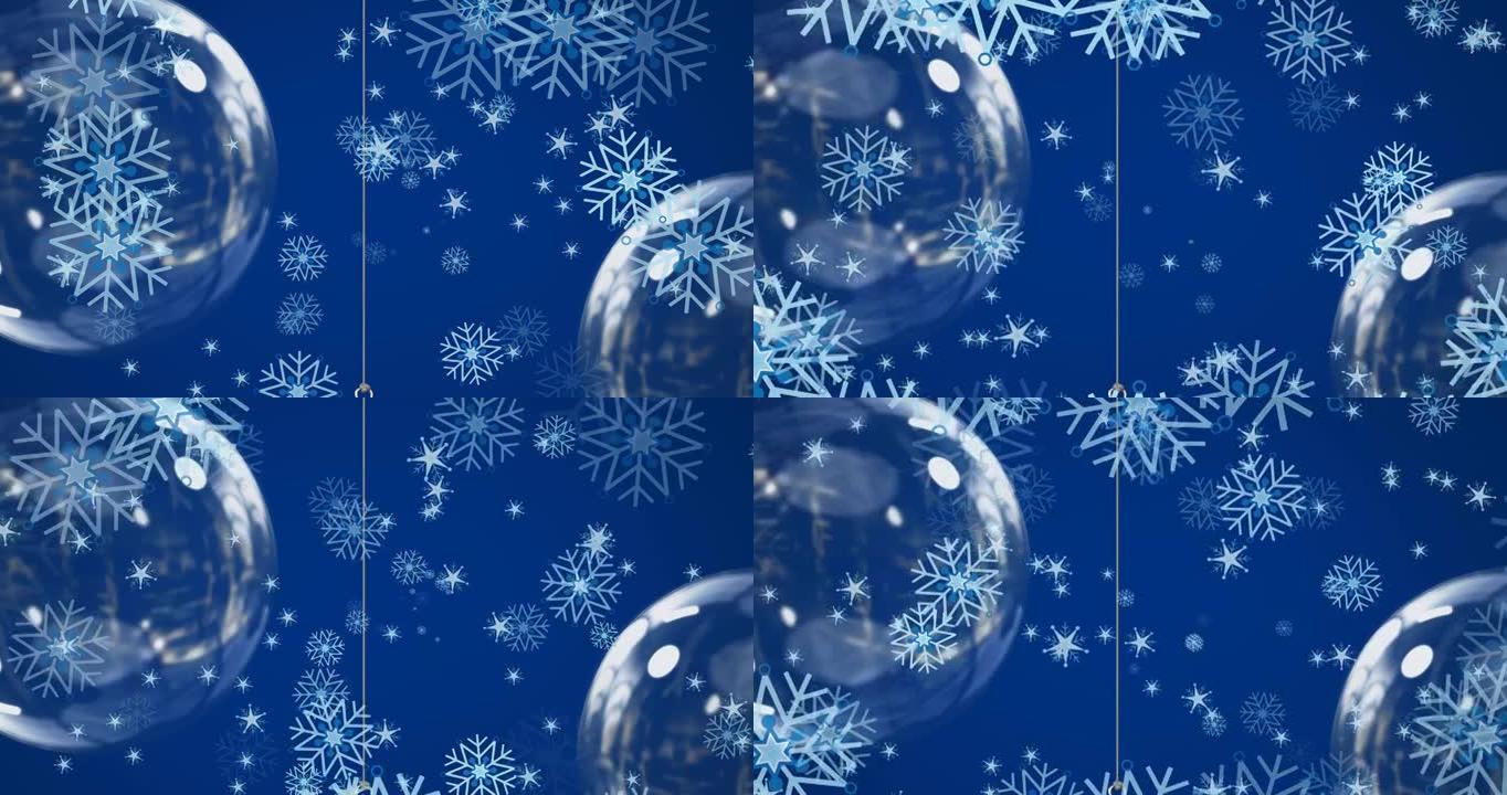 蓝色背景上雪花飘落和圣诞小玩意的动画