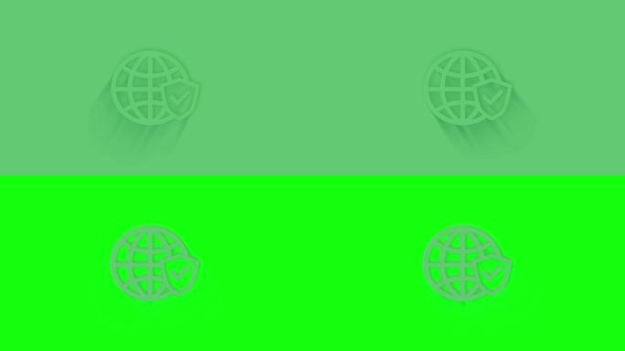 带有绿色背景阴影的选中标记图标的动画地球地球仪。Neumorphism最小风格。透明背景。4k视频动