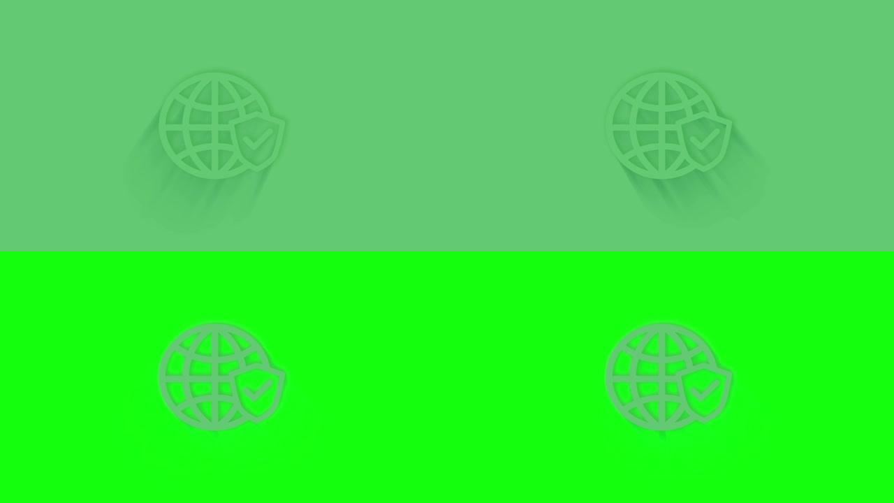 带有绿色背景阴影的选中标记图标的动画地球地球仪。Neumorphism最小风格。透明背景。4k视频动