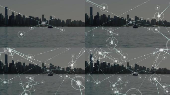 城市景观上连接网络的动画