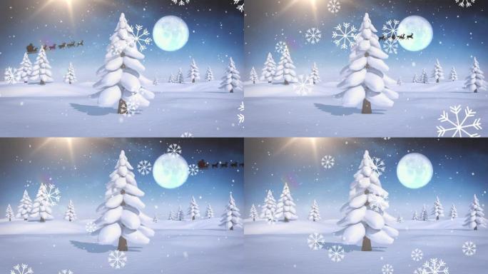 雪花落在夜空中月亮的冬季景观上的圣诞树上