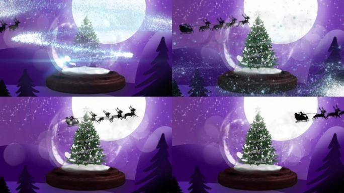 在圣诞树周围的流星在一个雪花球在冬季风景夜空