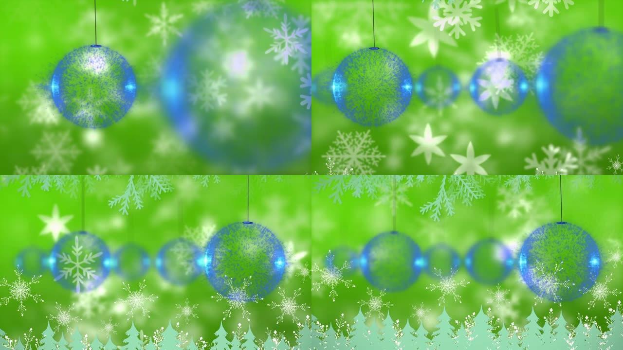 绿色背景上悬挂雪花和圣诞树图标的多个蓝色小玩意