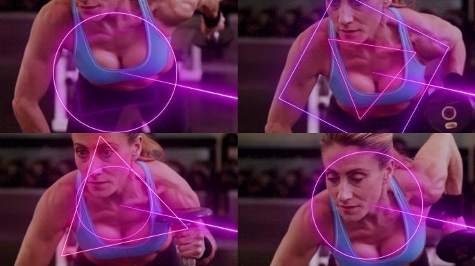旋转霓虹灯扫描仪处理举重女运动员数据的动画