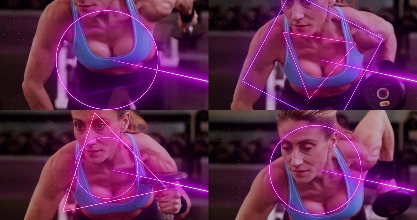 旋转霓虹灯扫描仪处理举重女运动员数据的动画