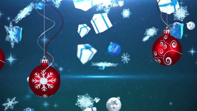 蓝色背景上掉落的圣诞节符号上的圣诞树球动画