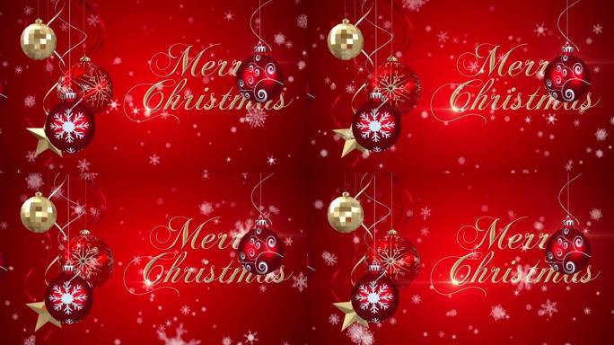 红色背景上飘着圣诞快乐文字和圣诞树装饰的雪花动画