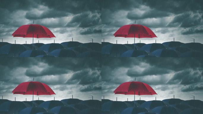 红色雨伞从拥挤的黑色雨伞中脱颖而出