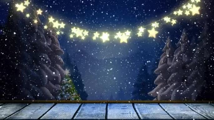 圣诞节冬季风景中飘落的童话灯光和雪的动画