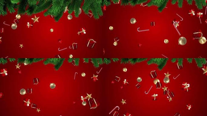 红色背景上的礼物落在杉树树枝上的动画