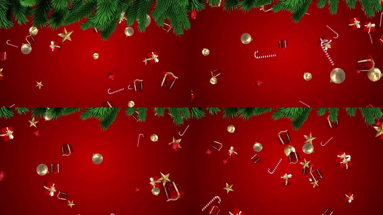 红色背景上的礼物落在杉树树枝上的动画
