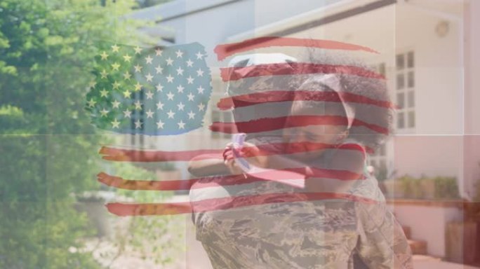 美国国旗向哭泣的非洲裔美国士兵和他的女儿挥手的动画