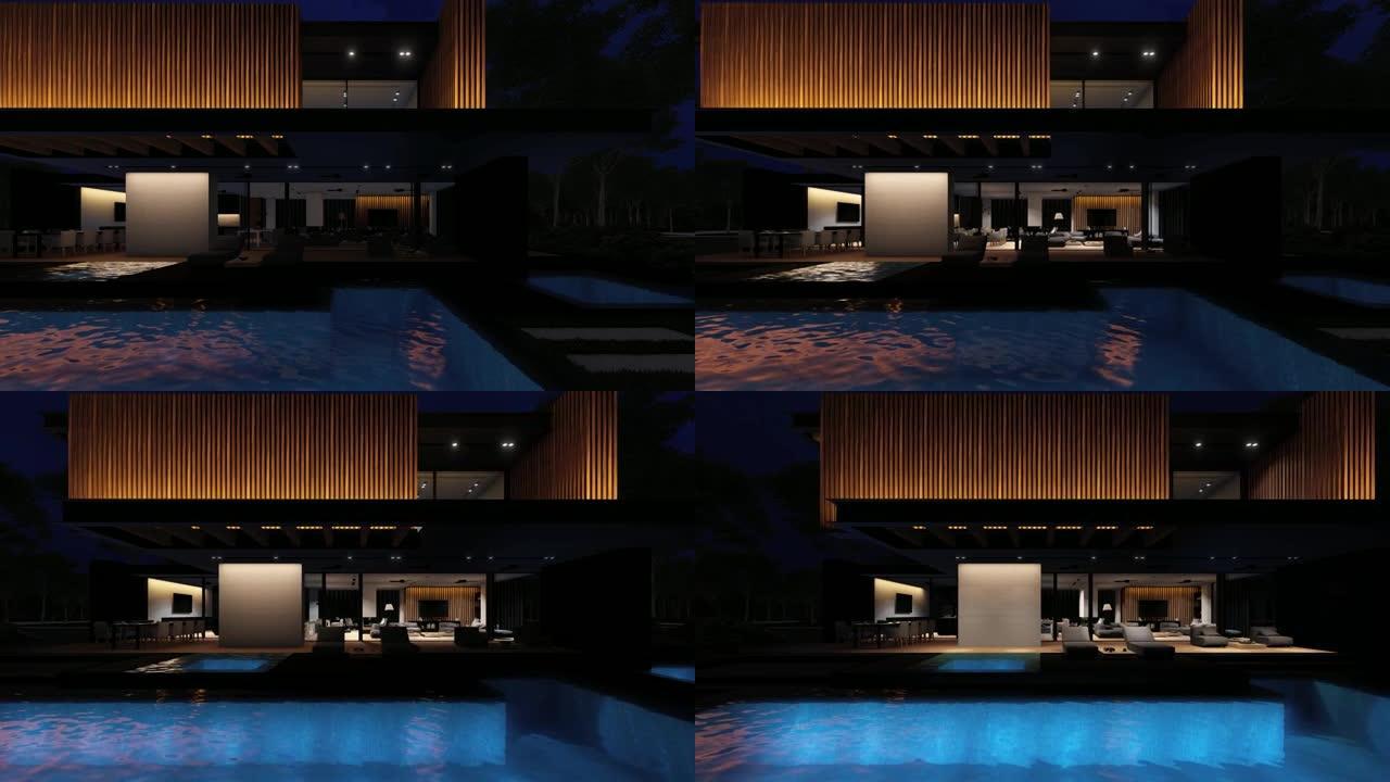 木板立面灯开启的现代住宅4k视频渲染