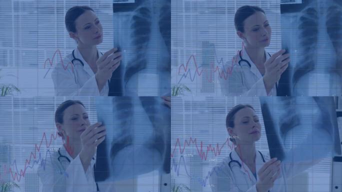 白人女性医生手持x射线的数据处理动画