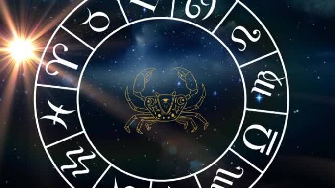 蓝色背景上的星轮旋转的巨蟹座星座动画