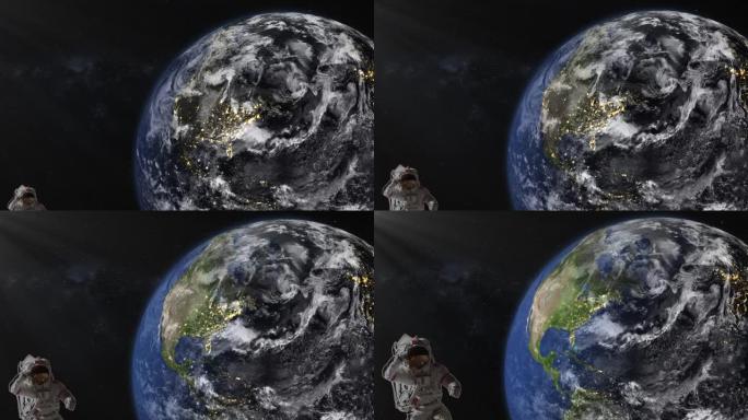 从太空看到的地球动画，地球在黑暗背景上的卫星视图上旋转。夜晚的城市从夜晚变成白天。(这张图片的元素由