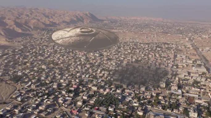 外星飞船ufo在沙漠城市上空盘旋-鸟瞰图